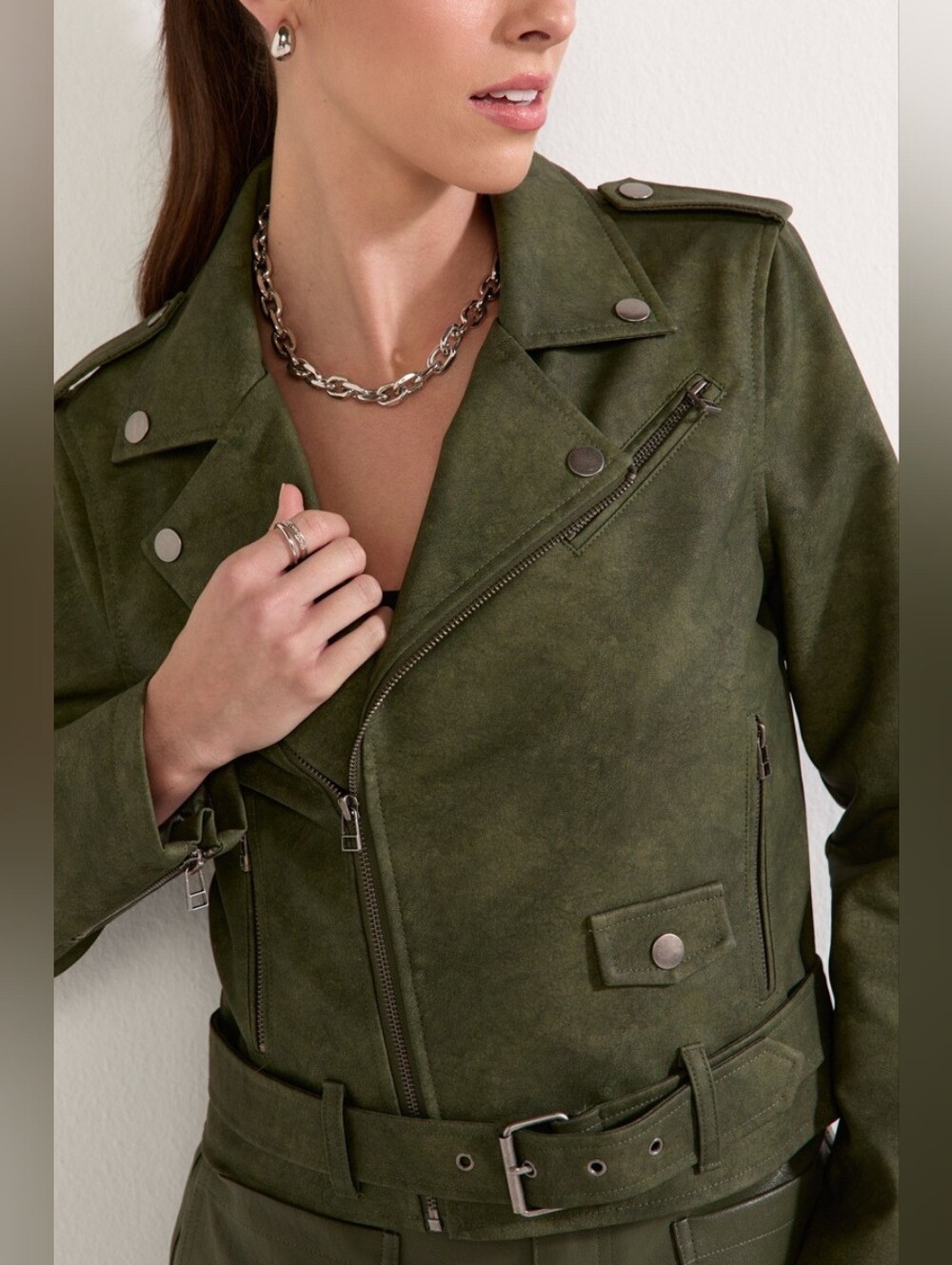 NWOT Stoosh Olive Green Faux Leather Cropped Moto Jacket - M